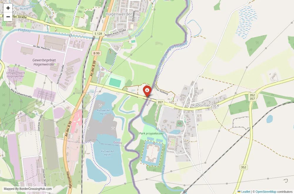 Close-up map showing a border crossing point with marker at the selected land port of entry between Poland and Germany