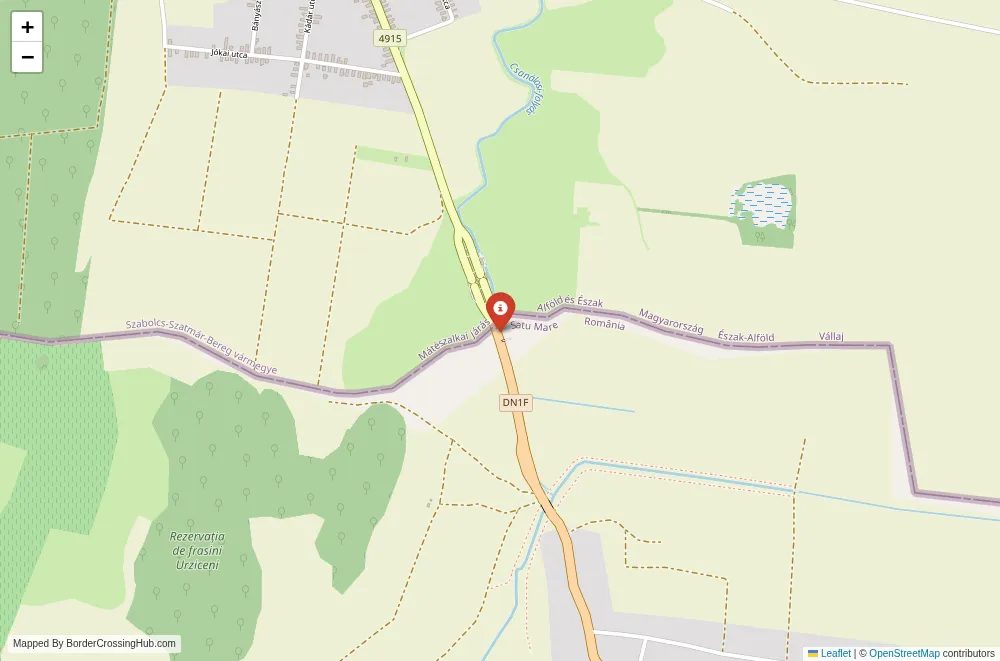 Close-up map showing a border crossing point with marker at the selected land port of entry between Hungary and Romania