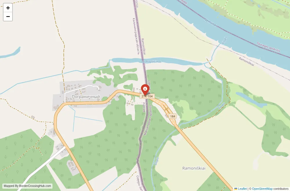 Close-up map showing a border crossing point with marker at the selected land port of entry between Lithuania and Russia