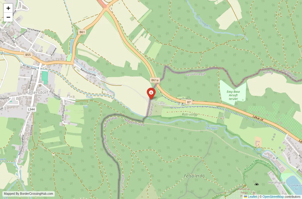 Close-up map showing a border crossing point with marker at the selected land port of entry between Austria and Hungary