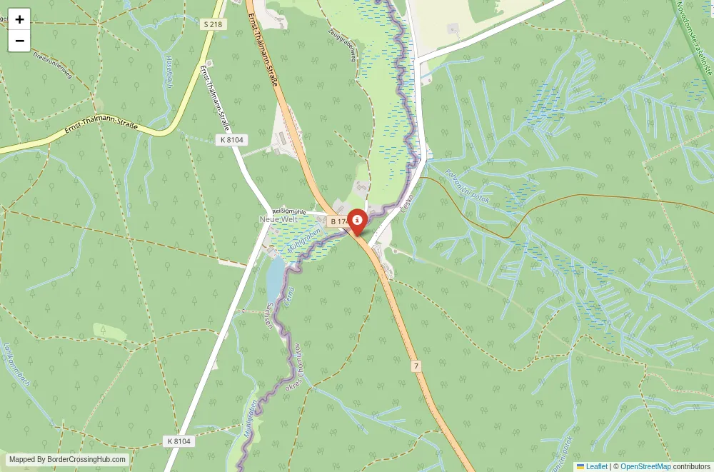 Close-up map showing a border crossing point with marker at the selected land port of entry between Czech Republic and Germany