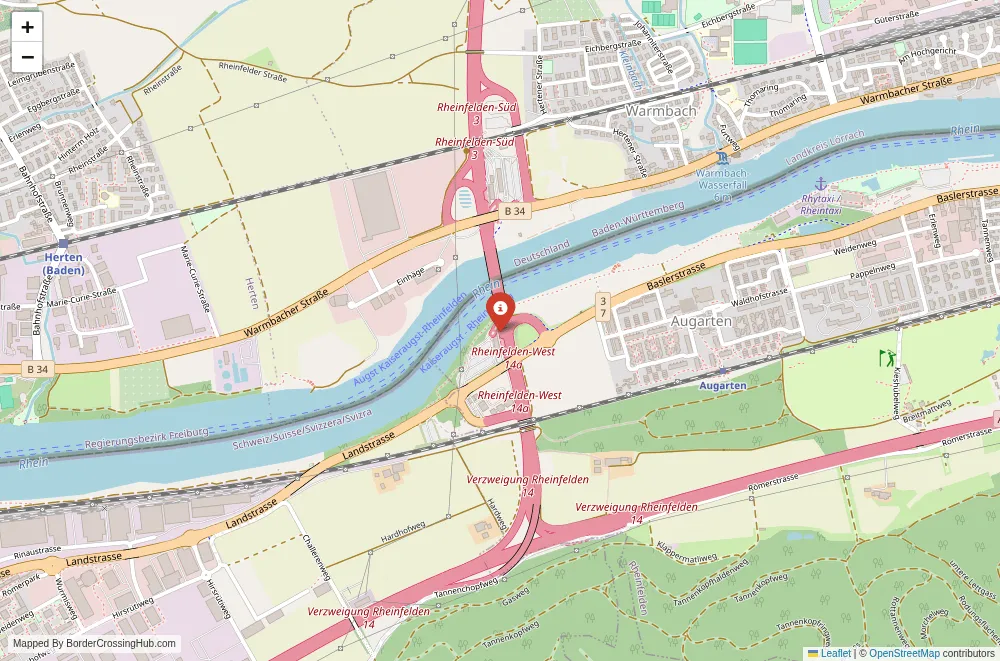 Close-up map showing a border crossing point with marker at the selected land port of entry between Germany and Switzerland