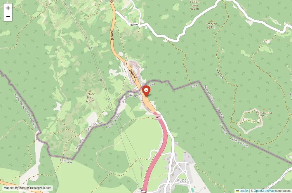 Close-up map showing a border crossing point with marker at the selected land port of entry between Slovenia and Croatia