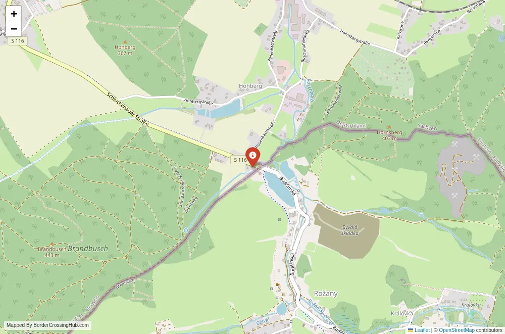 Close-up map showing a border crossing point with marker at the selected land port of entry between Czech Republic and Germany