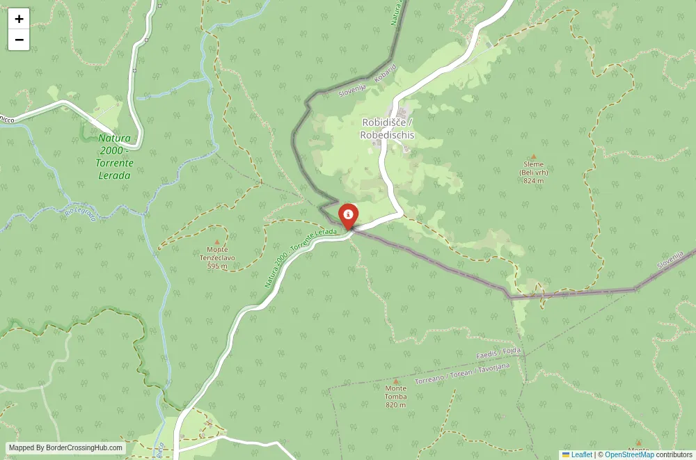 Close-up map showing a border crossing point with marker at the selected land port of entry between Italy and Slovenia