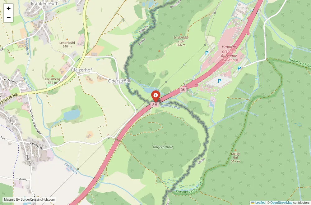 Close-up map showing a border crossing point with marker at the selected land port of entry between Czech Republic and Germany