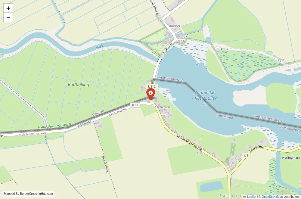 Close-up map showing a border crossing point with marker at the selected land port of entry between Denmark and Germany