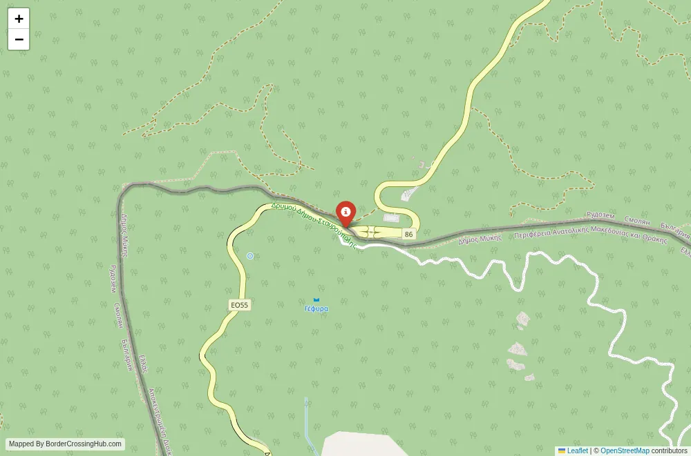 Close-up map showing a border crossing point with marker at the selected land port of entry between Bulgaria and Greece