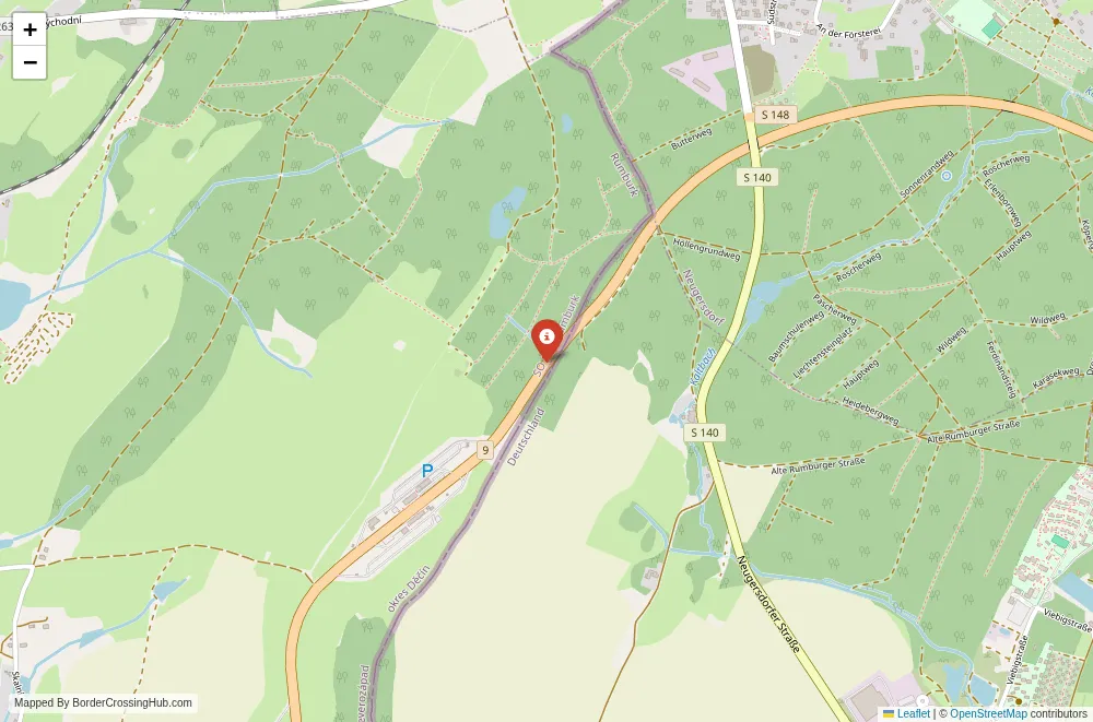 Close-up map showing a border crossing point with marker at the selected land port of entry between Czech Republic and Germany