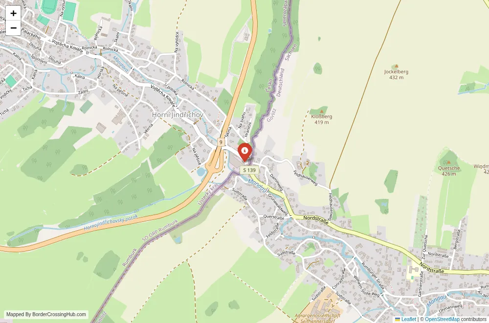 Close-up map showing a border crossing point with marker at the selected land port of entry between Czech Republic and Germany