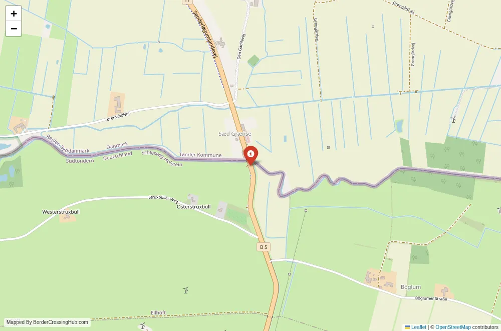 Close-up map showing a border crossing point with marker at the selected land port of entry between Denmark and Germany