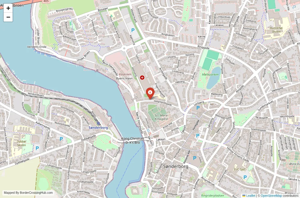 Close-up map showing a border crossing point with marker at the selected land port of entry between Denmark and Germany