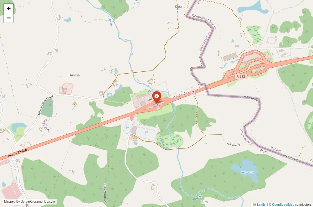 Close-up map showing a border crossing point with marker at the selected land port of entry between Estonia and Russia