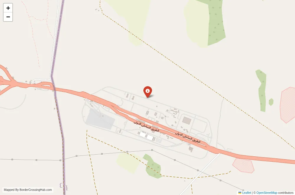 Close-up map showing a border crossing point with marker at the selected land port of entry between Egypt and Libya