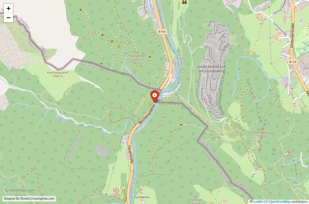 Close-up map showing a border crossing point with marker at the selected land port of entry between Austria and Germany