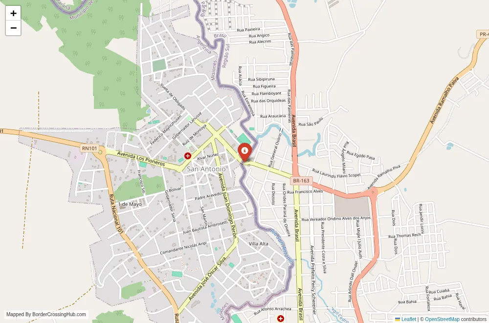 Close-up map showing a border crossing point with marker at the selected land port of entry between Misiones and Brazil