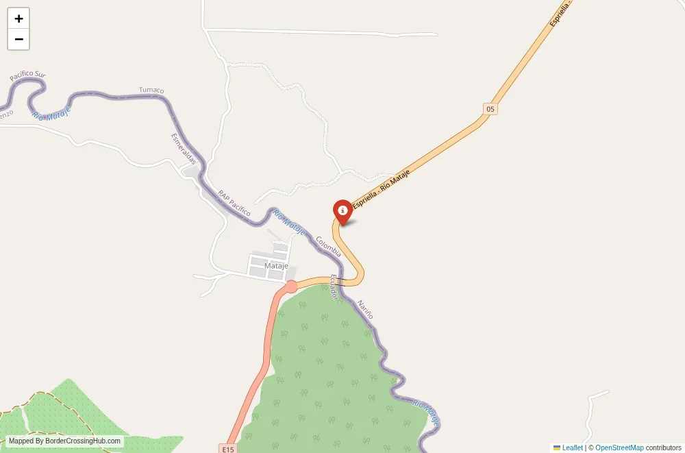 Close-up map showing a border crossing point with marker at the selected land port of entry between Colombia and Ecuador