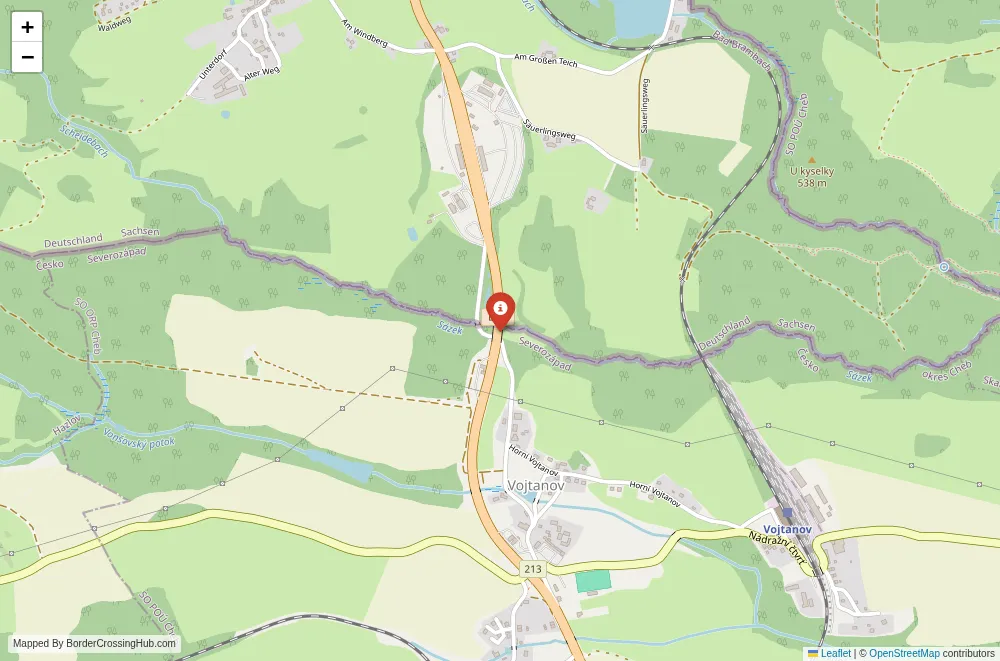 Close-up map showing a border crossing point with marker at the selected land port of entry between Germany and Czech Republic