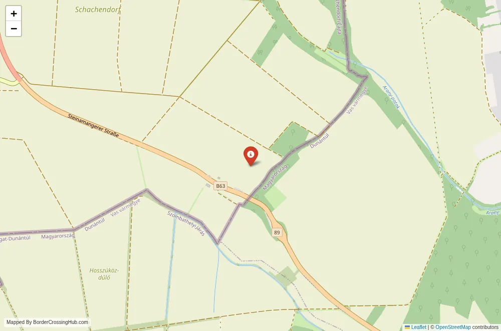 Close-up map showing a border crossing point with marker at the selected land port of entry between Austria and Hungary