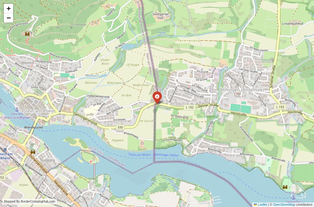 Close-up map showing a border crossing point with marker at the selected land port of entry between Switzerland and Germany