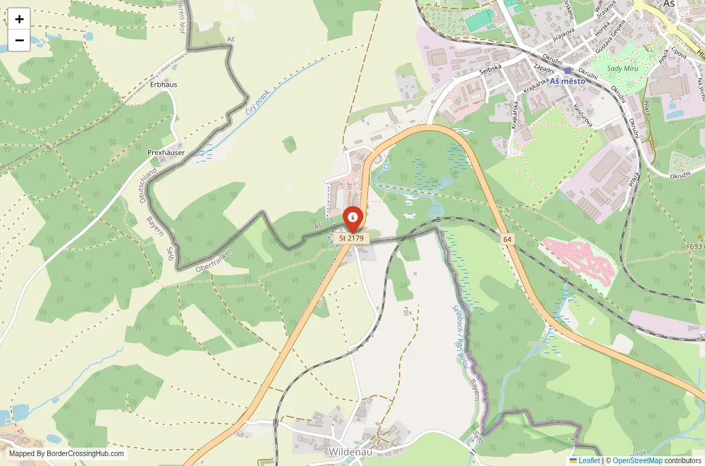 Close-up map showing a border crossing point with marker at the selected land port of entry between Germany and Czech Republic