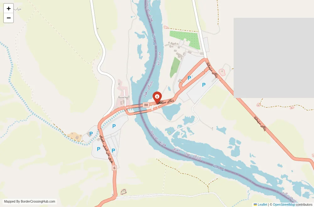 Close-up map showing a border crossing point with marker at the selected land port of entry between Syria and Iraq