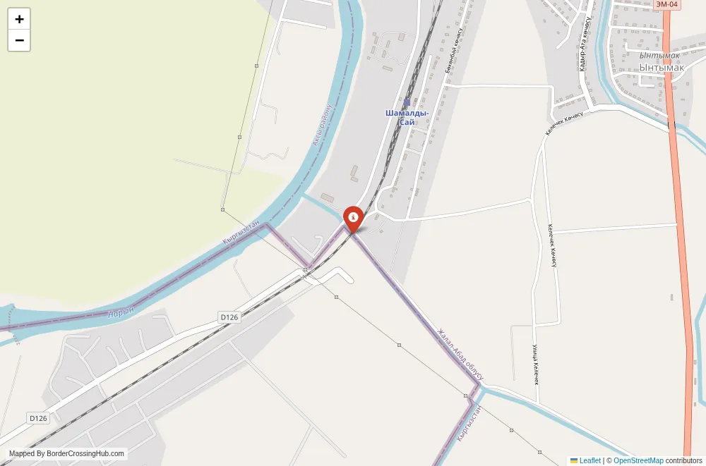 Close-up map showing a border crossing point with marker at the selected land port of entry between Kyrgyzstan and Uzbekistan