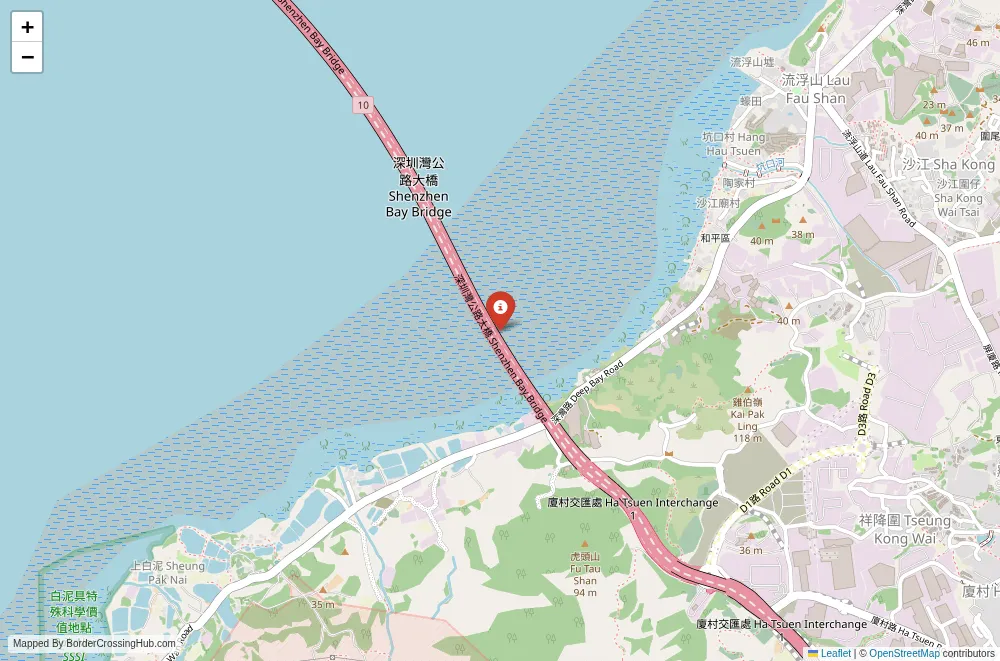 Close-up map showing a border crossing point with marker at the selected land port of entry between China and Hong Kong