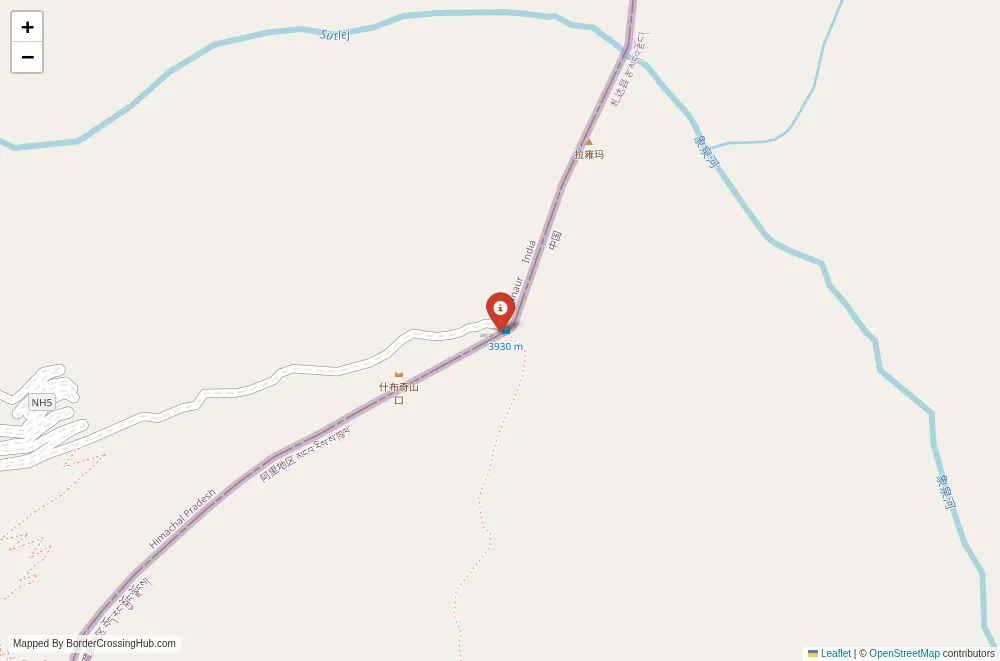 Close-up map showing a border crossing point with marker at the selected land port of entry between India and China