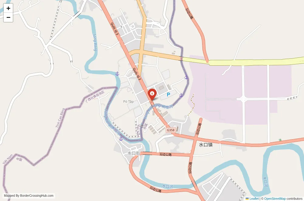 Close-up map showing a border crossing point with marker at the selected land port of entry between China and Vietnam