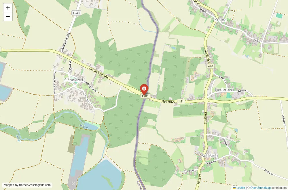 Close-up map showing a border crossing point with marker at the selected land port of entry between Austria and Slovenia