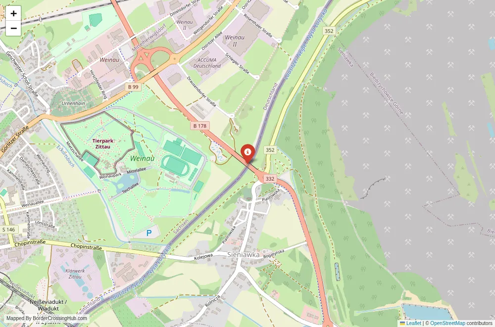 Close-up map showing a border crossing point with marker at the selected land port of entry between Poland and Germany