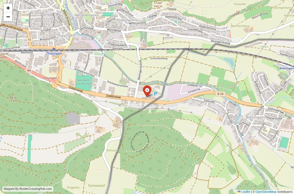 Close-up map showing a border crossing point with marker at the selected land port of entry between Germany and Switzerland