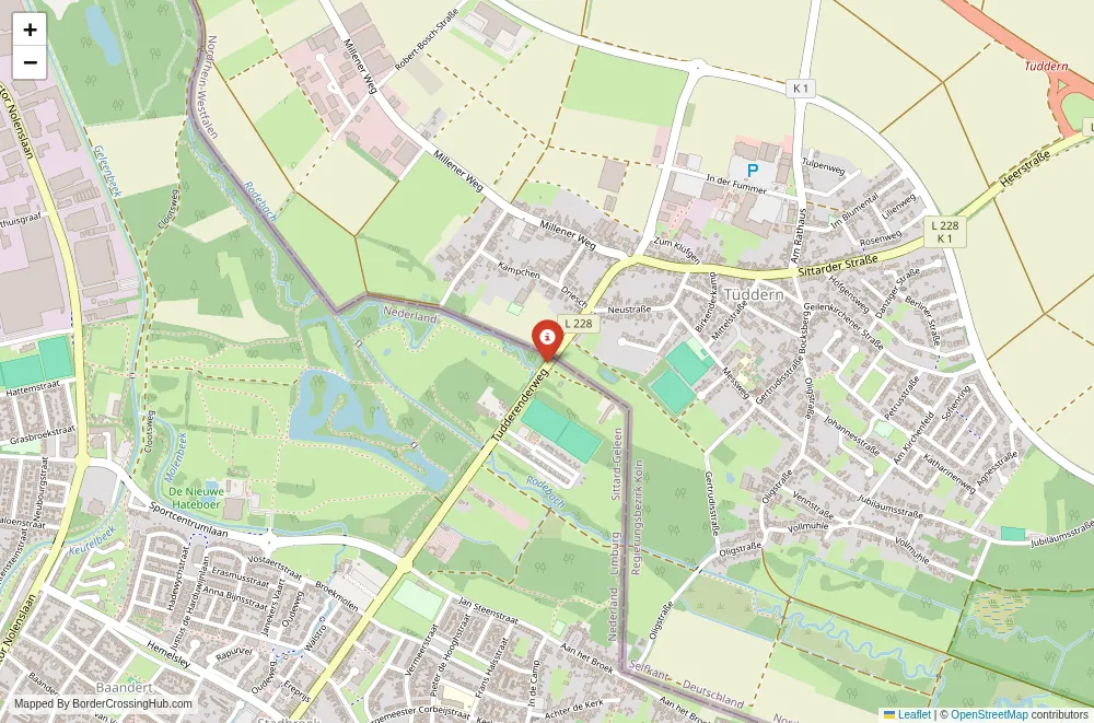 Close-up map showing a border crossing point with marker at the selected land port of entry between Netherlands and Germany