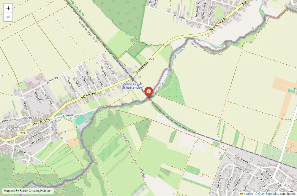 Close-up map showing a border crossing point with marker at the selected land port of entry between Hungary and Austria