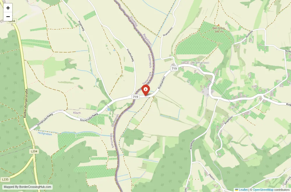 Close-up map showing a border crossing point with marker at the selected land port of entry between Austria and Slovenia