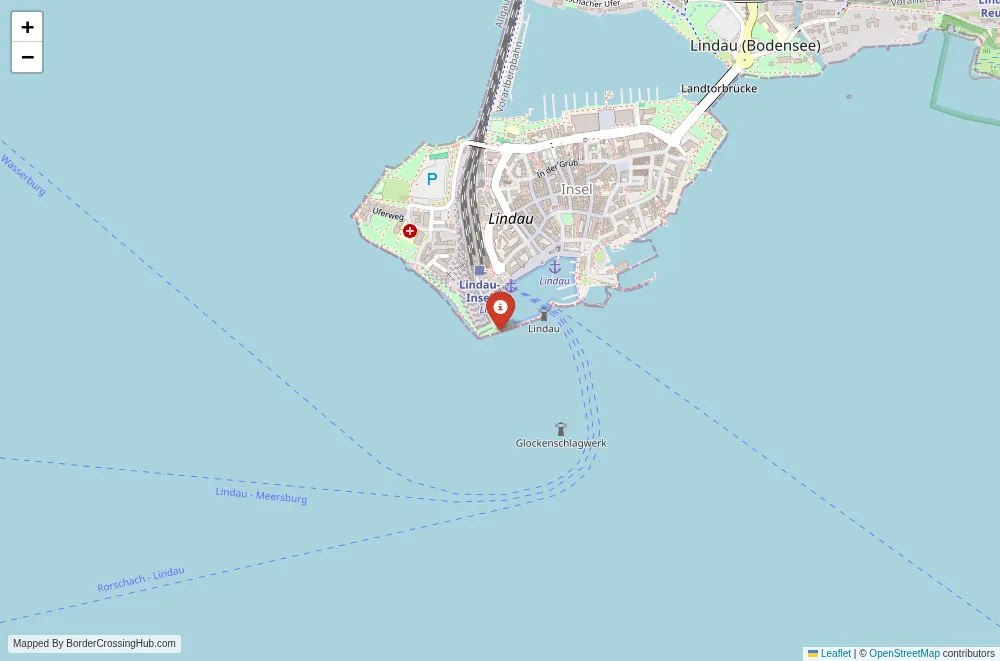 Close-up map showing a border crossing point with marker at the selected land port of entry between Switzerland and Germany