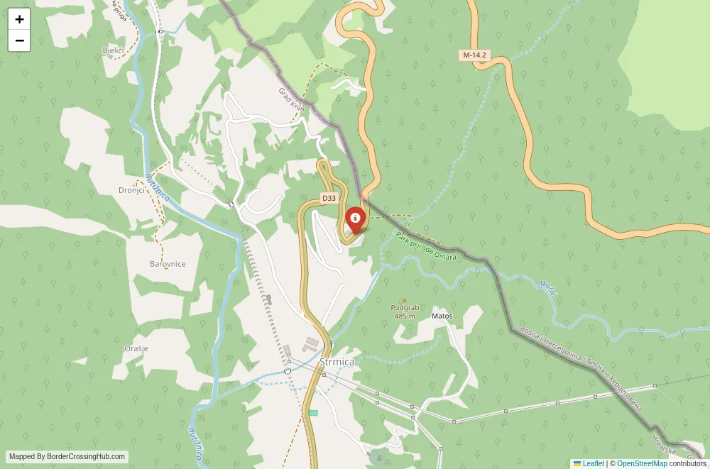 Close-up map showing a border crossing point with marker at the selected land port of entry between Croatia and Bosnia and Herzegovina