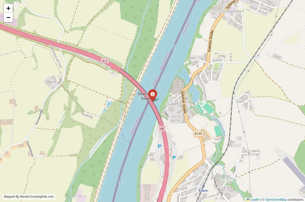 Close-up map showing a border crossing point with marker at the selected land port of entry between Austria and Germany