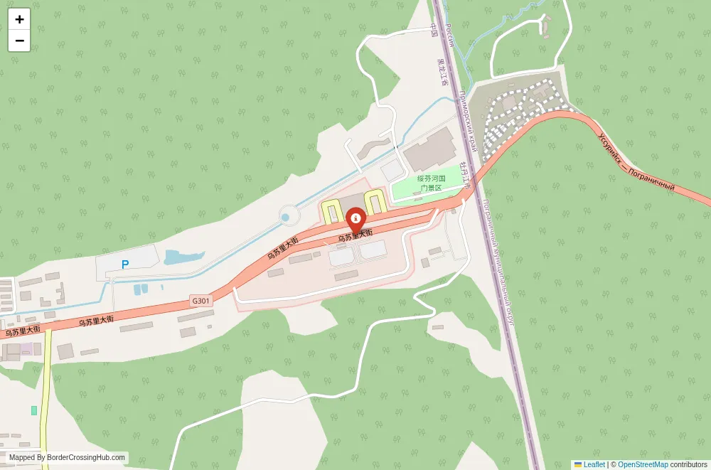 Close-up map showing a border crossing point with marker at the selected land port of entry between China and Russia