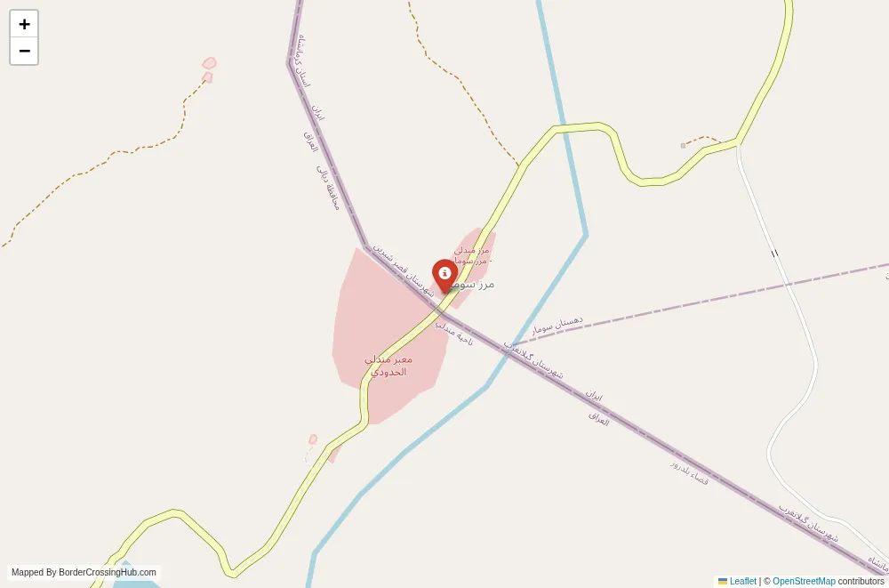 Close-up map showing a border crossing point with marker at the selected land port of entry between Iraq and Iran