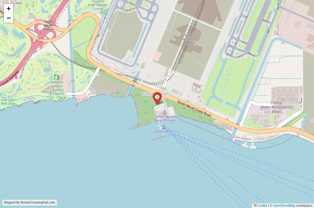 Close-up map showing a border crossing point with marker at the selected land port of entry between Singapore and Malaysia