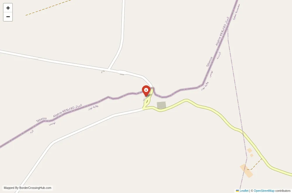 Close-up map showing a border crossing point with marker at the selected land port of entry between Tunisia and Algeria