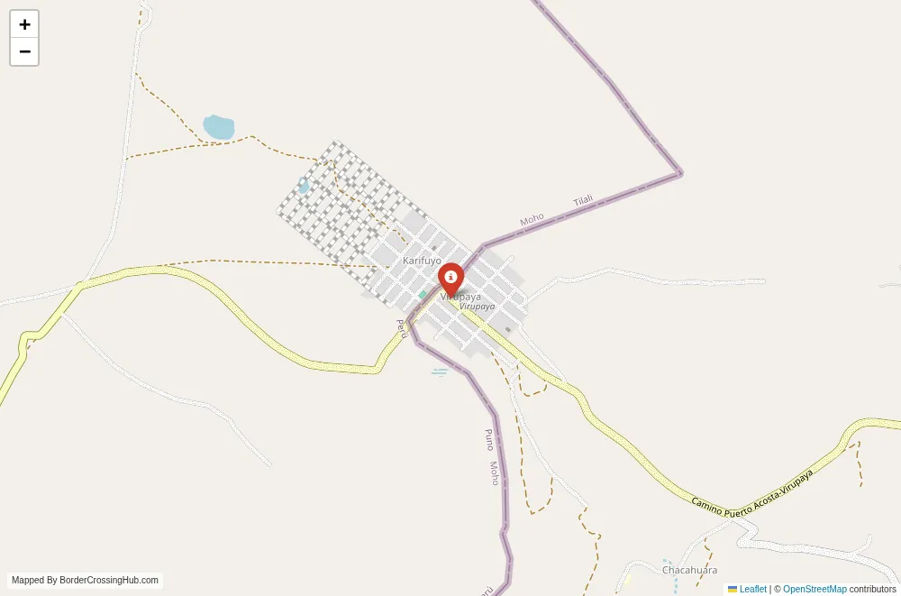 Close-up map showing a border crossing point with marker at the selected land port of entry between Peru and Bolivia