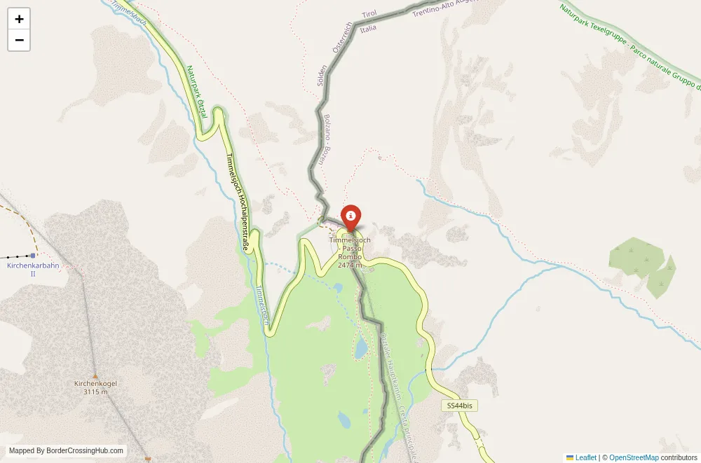 Close-up map showing a border crossing point with marker at the selected land port of entry between Austria and Italy