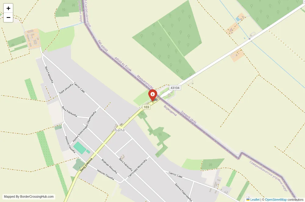 Close-up map showing a border crossing point with marker at the selected land port of entry between Hungary and Serbia