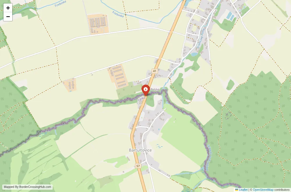 Close-up map showing a border crossing point with marker at the selected land port of entry between Poland and Czech Republic