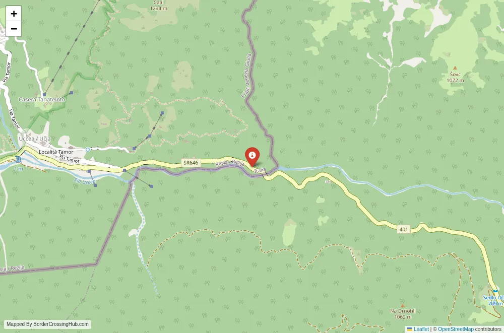 Close-up map showing a border crossing point with marker at the selected land port of entry between Italy and Slovenia