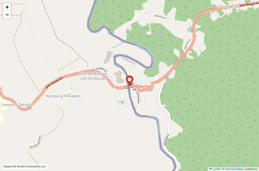 Close-up map showing a border crossing point with marker at the selected land port of entry between Brunei and Malaysia