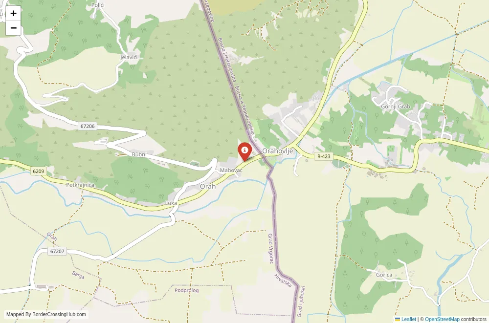 Close-up map showing a border crossing point with marker at the selected land port of entry between Croatia and Bosnia & Herzegovina